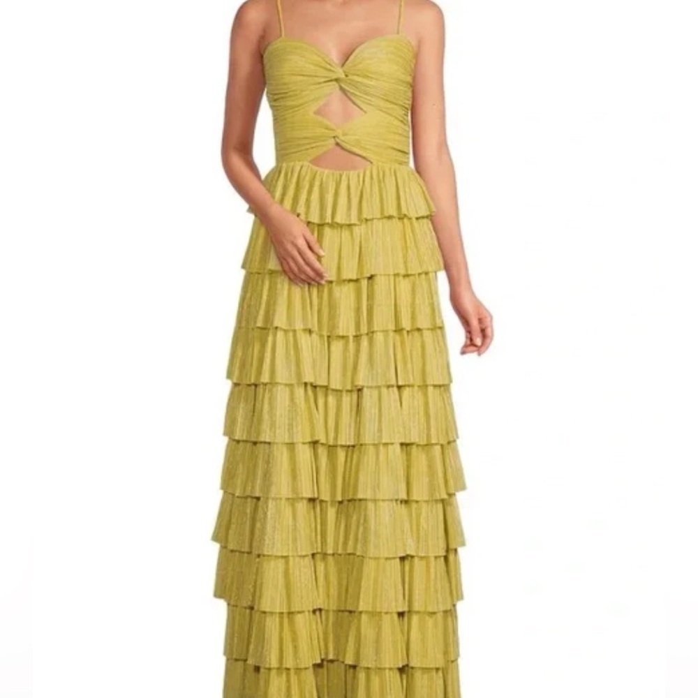 Gianni Bini Grace Metallic Plisse Sweetheart Neck Cut-Out Tiered Dress